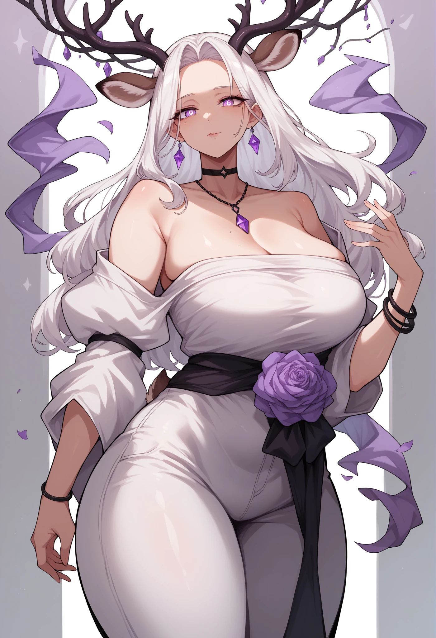 (Purple deer horns) mixed_artwork style, (detailed eyes), (Mature woman), beautiful woman, medium breasts, white hair, bangs on eye, Side bangs, (white loose dress, white pants), Lavender eyes, mole under eye, huge body, (milf), black choker, (neutral Face), (196cm tall, standing), Black bracelet, Purple pendant on the forehead