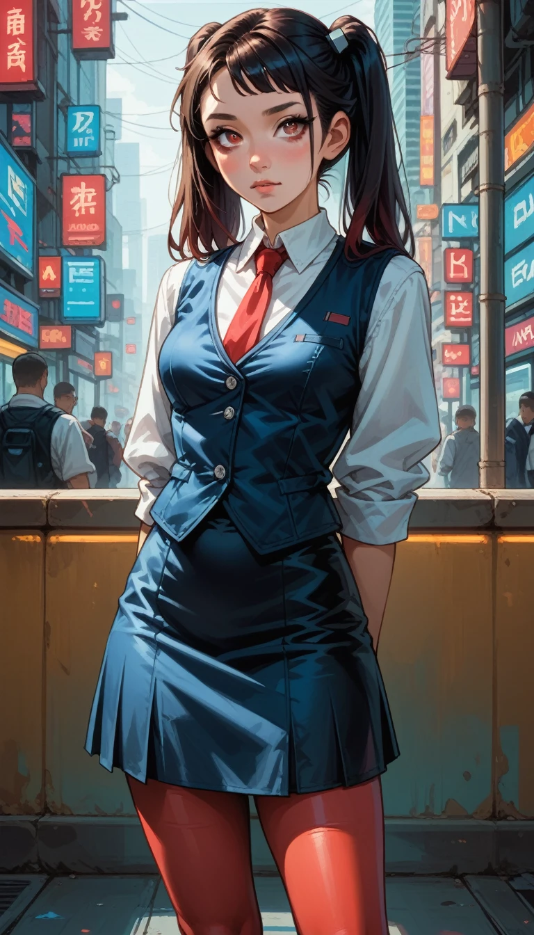 8k, arms behind back, full body, slim figure, flat bust, sparkling red eyes, Light blue eyelashes, high-heels, dark skirt, seductive, Charming, small tits, jill stingray, red necktie, pantyhose, skirt, vest, white shirt, high ponytails, 2 ponytails, black hair, cyberpunk styled bar, masterpiece, zal, AniPnyXLQual