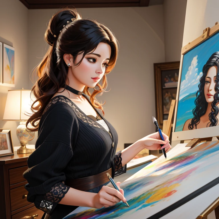 Realistic. Beautiful 20 year old girl with long hair in art studio. Bohemian dress, highres, ultra detailed, (1girl:1.3), BREAK decorative canvases. art, vibrant colors, translucent effects, , paint and brushes, intricate designs BREAK sand art, ephemeral creations, beach drawings, temporary installations, environmental art, natural medium BREAK immersive experiences, playful. Not anime. --auto --s2