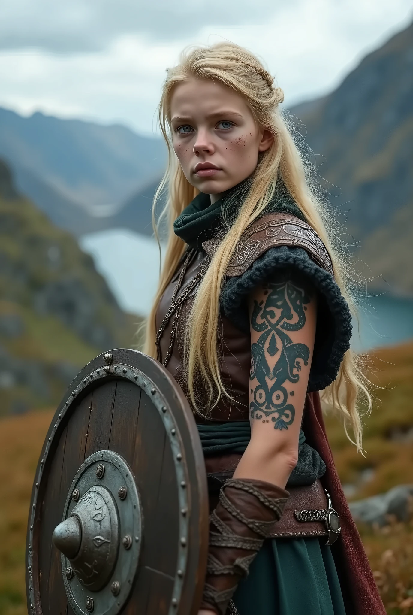 Realistic 14 year old viking girl, Nordic tattoos, light clothing