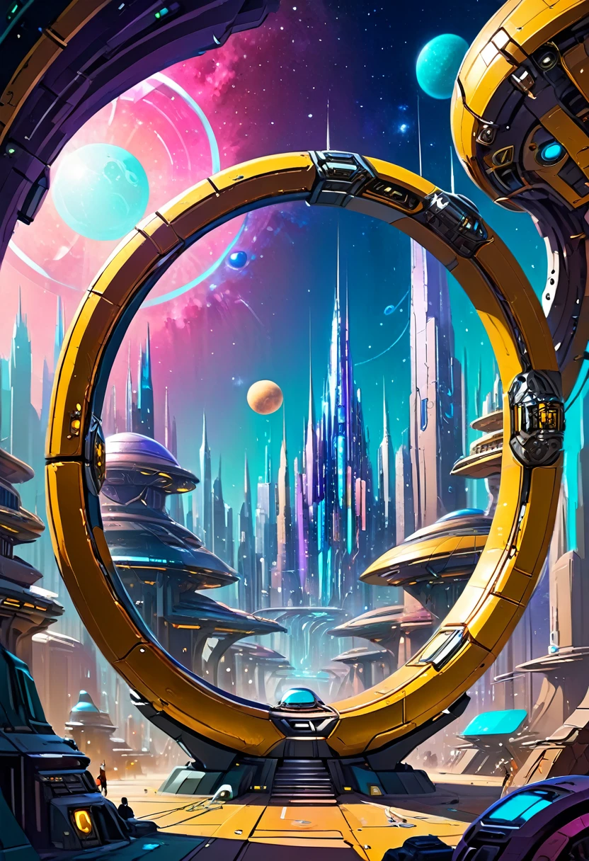 （Very unified CG scene design），（A ring-shaped future city suspended in the universe），（Neatly arranged future technology houses in the ring）complex structure，Complex gears，clear texture，complex patterns，glyphic，Titanium alloy，Sophisticated construction，Ultra-complex structures，future human city，science fiction，cyberpunk characters，