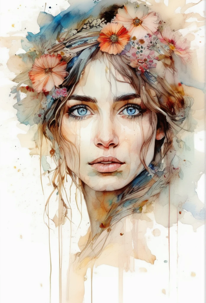 show full head extremely detailed portrait with flowers in her hair in a rough sketch coloured with watercolor, extremely detailed eyes, beautiful eyes, completely centered image, blank space surrounding drawing, focus on face lines, dripping watercolor, ink contours, art by carne griffiths mixed with alfonse mucha, 32k resolution, best quality possible, doll-like