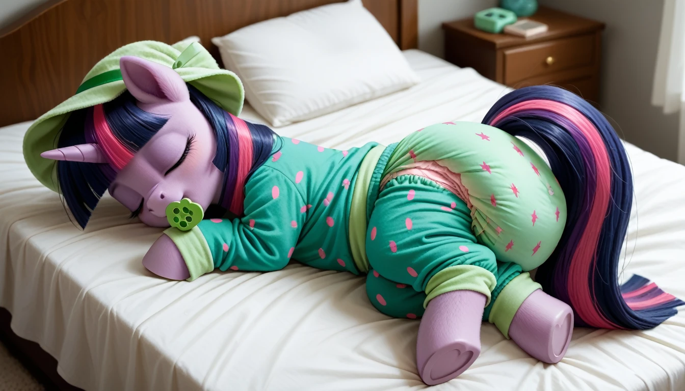 pony, Unicorn, purple wool, dark blue mane with purple streak and pink streak, the tail is dark blue with a purple strand and a pink strand, closed eyes, sleeps in a foal crib, adult filly, dressed in pink pajamas, pink pacifier in mouth, solo, thick diaper under clothes.