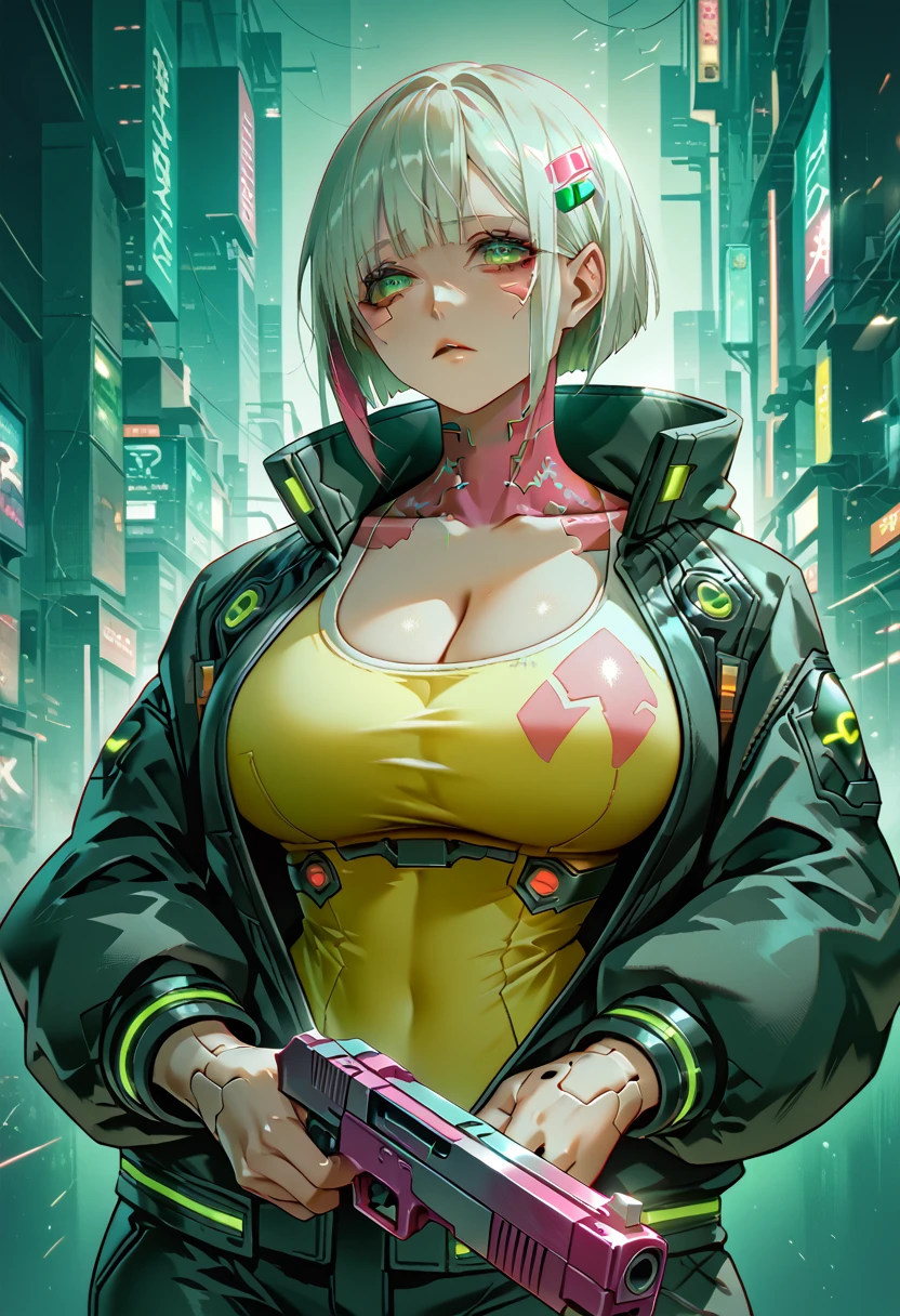  a woman with green eyes and a black jacket holding a gun, cyberpunk anime art, chica anime cyberpunk, best anime 4k konachan wallpaper, anime girl cyberpunk mech, female cyberpunk anime girl, cyberpunk anime art, anime style 4k , digital cyberpunk anime art, Cyberpunk Anime Girl with Hoodie, Anime Wallpaper 4k, Anime wallpaper 4 k, cyberpunk anime Big Breast 
