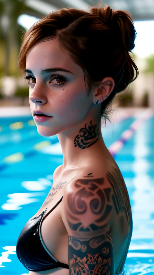 Emma Watson, woman, huge ttattooz everywhere on her skin at the pool swimming in water, huge tattoo ttattooz, tattooedgirl, skinny, small round tattoed breasts, tiny skinny little waist, big thick perfect round tattooed ass, 