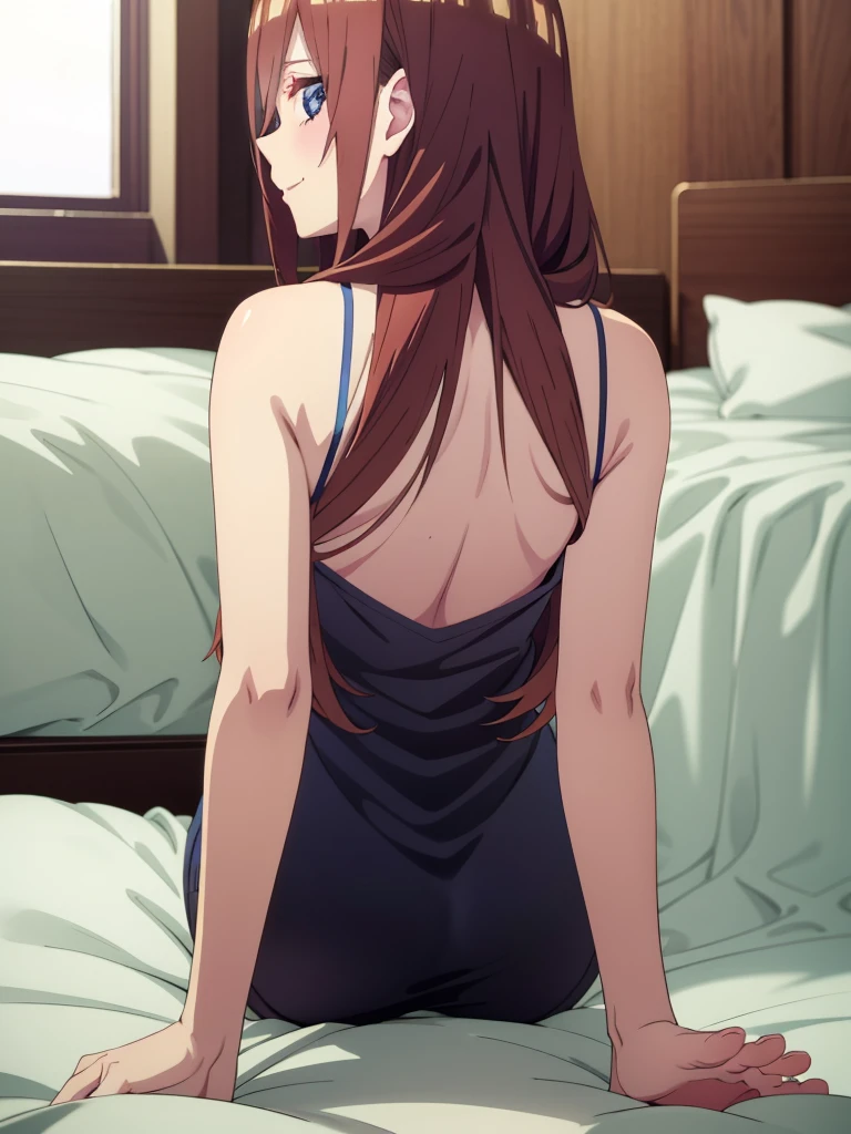 (masutepiece, Best Quality, hight resolution, nffsw, Perfect Pixel, depth of fields, 4K), Beautiful anime girl, Perfect body,, , miku nakano, nightgown, , bare shoulders, ,,, , cleavage,, , (crawl on all fours),,,, indoor , bed room, on bed, thighs, bare foot, ,looking at viewer, smile
,  (from behind:1.2),