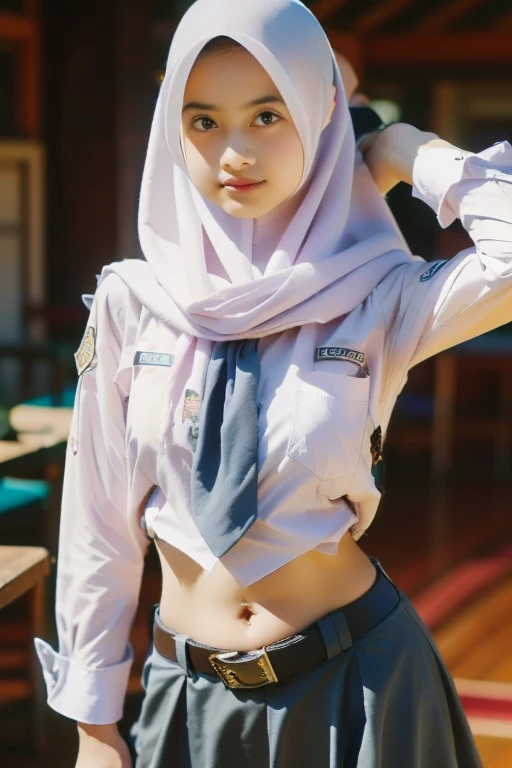 ((( Ultra-HD quality detail ))), Gen Z girls in hijab,  long-sleeved shirt ,  open belly button , indistinct, Long skirt, low waisted buckle belt(like a belly dancer ), bow down, lean back, realistic, ( 8K resolution )