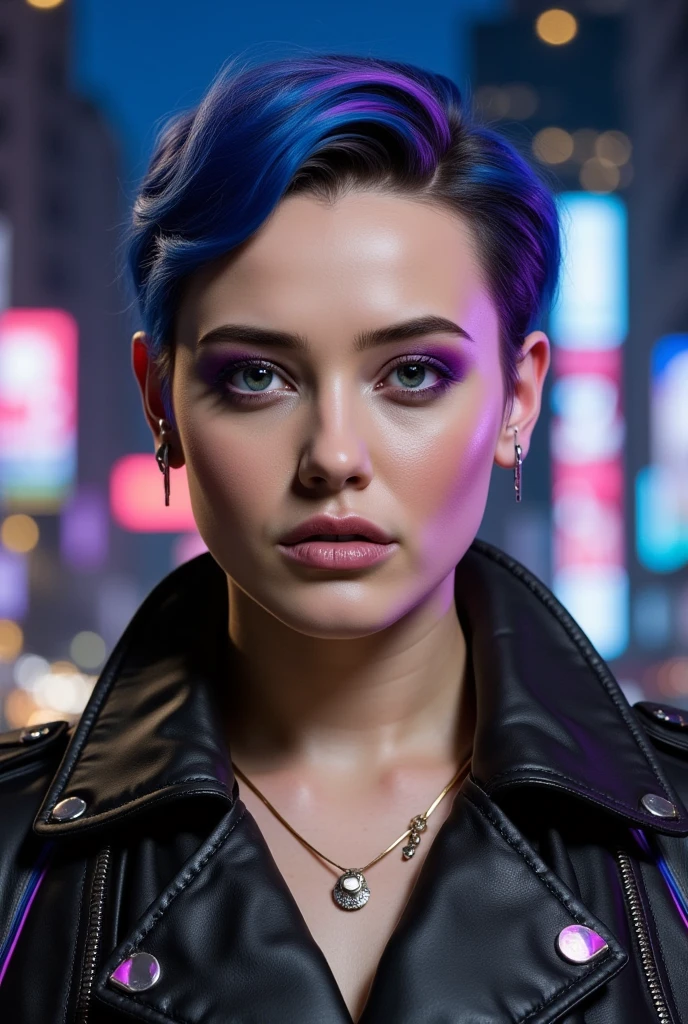 " Hyperrealistic portrait of a woman in the style of Cyberpunk 2077 ,  with smooth skin and realistic appearance ,  luminous cybernetic eyes and short hair vibrant blue or purple,  partially shaved on the sides .  She wears a black leather jacket with details in neon blue and purple ,  and there are technological implants visible along her face and neck . The expression is serious and intense ,  and the background is a futuristic night city , with neon lights,  tall buildings and flying cars in the background . photorealistic style,  with attention to detail in the skin texture ,  glitter of implants and reflections of neon lights on her face ."