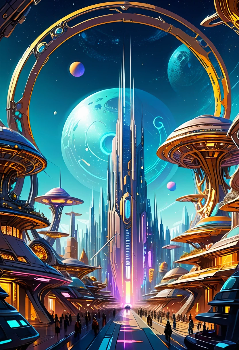 （Very unified CG scene design），（A ring-shaped future city suspended in the universe），（Neatly arranged future technology houses in the ring）complex structure，Complex gears，clear texture，complex patterns，glyphic，Titanium alloy，Sophisticated construction，Ultra-complex structures，future human city，science fiction，cyberpunk characters，