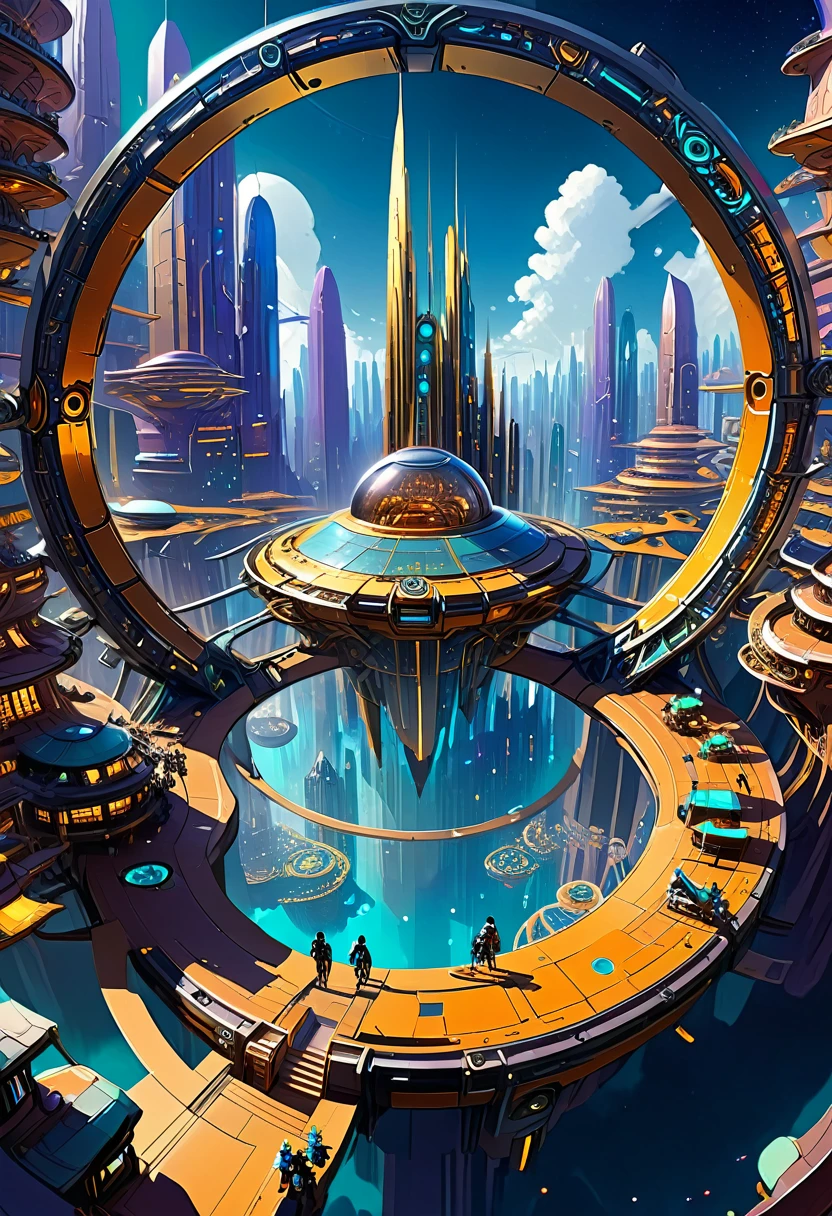 （Very unified CG scene design），（A ring-shaped future city suspended in the universe），（Neatly arranged future technology houses in the ring）complex structure，Complex gears，clear texture，complex patterns，glyphic，Titanium alloy，Sophisticated construction，Ultra-complex structures，future human city，science fiction，cyberpunk characters，