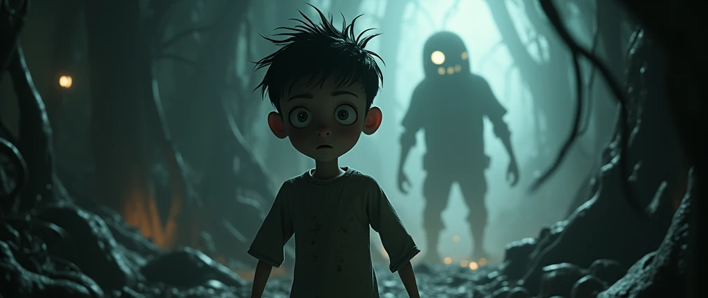 A tall boy with black hair and grey eyes in a dark and shadowy forest, while behind him there is a shadow in the shape of a boy.