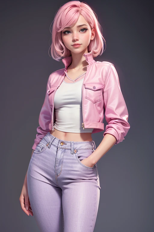 Young woman, light pink hair, violet eyes, slim body, smile, blush, super model, short jacket,  well-fitting blouse , tailored jeans ,  classic sneakers,  top quality,  masterpiece , super detail,  lyrics,  natural lighting ,  plain white background , without patterns, No textures. 