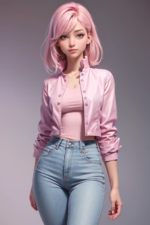 Young woman, light pink hair, violet eyes, slim body, smile, blush, super model, short jacket,  well-fitting blouse , tailored jeans ,  classic sneakers,  top quality,  masterpiece , super detail,  lyrics,  natural lighting ,  plain white background , without patterns, No textures. 