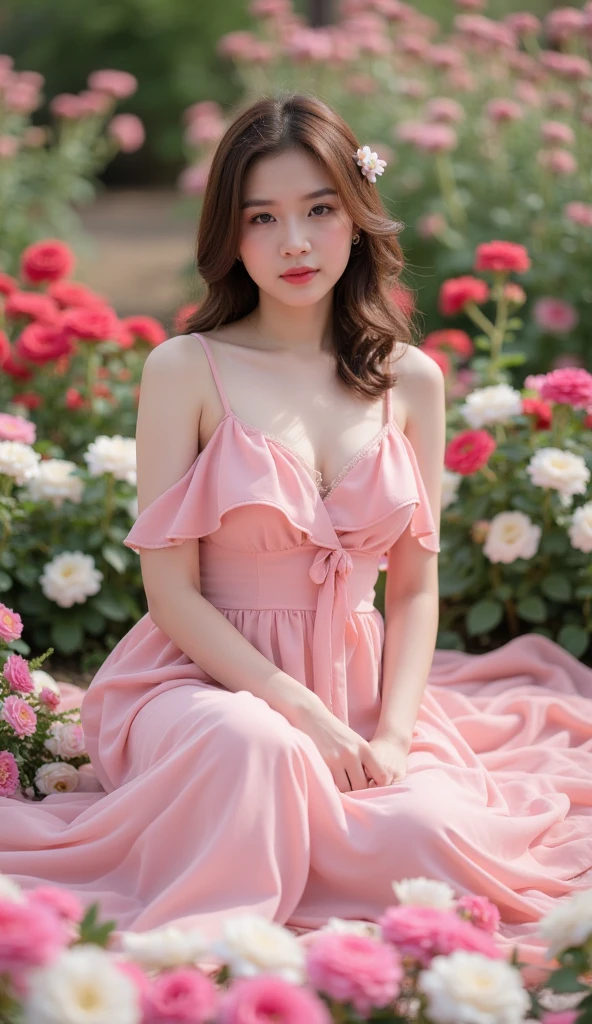 KTS PC, hot girl 98, The image is a portrait of a young woman sitting on a bed of pink and white flowers. She is wearing a long, flowing pink dress with ruffles cascading down her body. The dress has thin straps and a deep V-neckline. She has a small flower in her hair, which is styled in loose waves. The woman is looking directly at the camera with a serious expression on her face. The background is filled with a variety of pink, white, and red flowers, creating a romantic and dreamy atmosphere. The overall mood of the image is soft and romantic