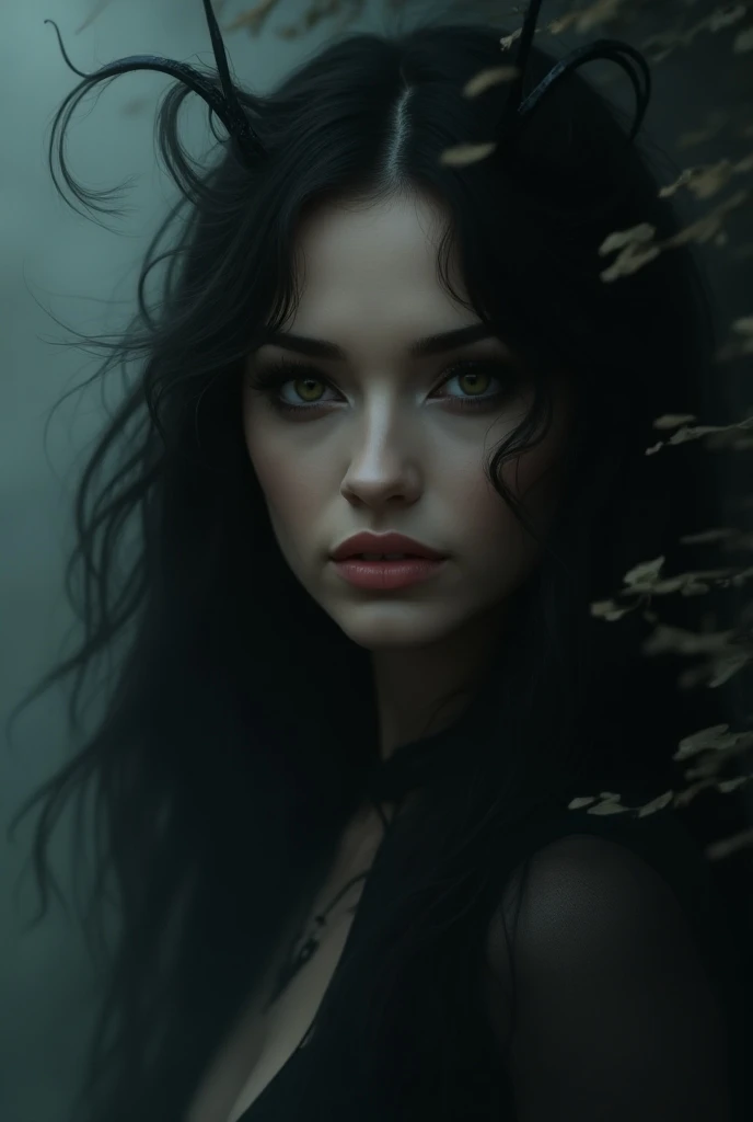 Cinematic, very beautiful, bombshell, delicate face, big eyes, gouache wash, calligraphic lines. Rolf Armstrong, Mary Blair, Lichtenstein. Darkness, surrounded by fog, eerie, noir, mysterious, vintage, gouache painting portrait ethereal translucent Great Gatsby ingénue, hypnotic gaze. Long dark wavy hair, greens and blues, red lips, dynamic pose.