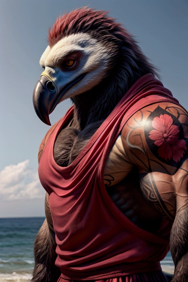 zelda breath of the wild,Teba,male,Birdman,aldult,alone,4K,best quality,white fur,,looking at the audience,slim body,bird tail,Upper body exposed,bare chest,Hairy chest,pink nipples,Six-pack abs, biceps,anatomically correct,Delicate fur,pride,soft shadow,Majestic detailed face,High quality eyes,brown eyes,black pupils,,Grandiose,brave,Red thong,Confident smile,Strong,mature,Blue sky and white clouds,,seaside,coastal,beach
