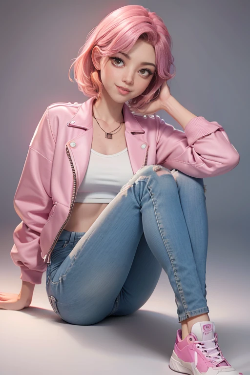 Young woman, light pink hair, violet eyes, slim body, smile, blush, super model, short jacket,  well-fitting blouse , tailored jeans ,  classic sneakers,  top quality,  masterpiece , super detail,  lyrics,  natural lighting ,  plain white background , without patterns, No textures. 