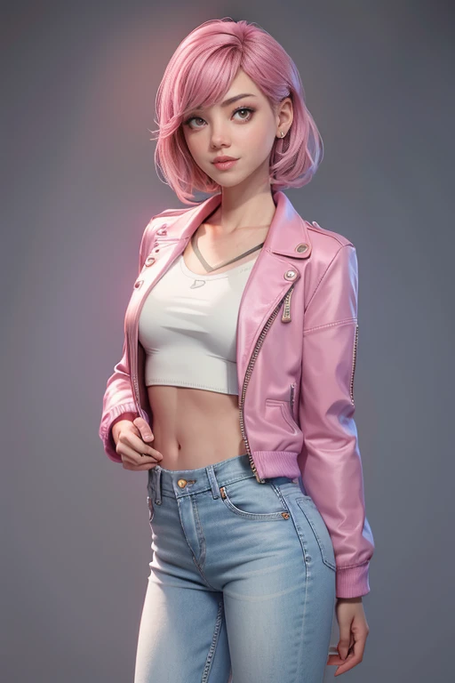 Young woman, light pink hair, violet eyes, slim body, smile, blush, super model, short jacket,  well-fitting blouse , tailored jeans ,  classic sneakers,  top quality,  masterpiece , super detail,  lyrics,  natural lighting ,  plain white background , without patterns, No textures. 