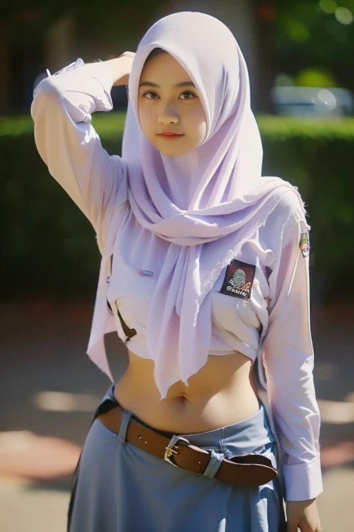 ((( Ultra-HD quality detail ))), Gen Z girls in hijab,  long-sleeved shirt ,  open belly button , indistinct, Long skirt, low waisted buckle belt(like a belly dancer ), bow down, lean back, realistic, ( 8K resolution )