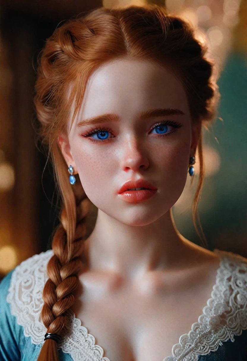 sadie sink, in la bete movie, by Walerian Borowczyk, erotic, 1girl, blue_eyes, blurry, blurry_background, braid, choker, depth_of_field, dress, earrings, eyelashes, freckles, hair_over_shoulder, jewelry, lips, long_hair, long_sleeves, looking_at_viewer, necklace, pendant, puffy_long_sleeves, puffy_sleeves, realistic, single_braid, solo, twin_braids, upper_body