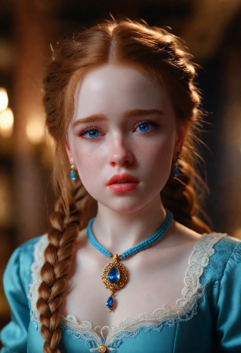 sadie sink, in la bete movie, by Walerian Borowczyk, erotic, 1girl, blue_eyes, blurry, blurry_background, braid, choker, depth_of_field, dress, earrings, eyelashes, freckles, hair_over_shoulder, jewelry, lips, long_hair, long_sleeves, looking_at_viewer, necklace, pendant, puffy_long_sleeves, puffy_sleeves, realistic, single_braid, solo, twin_braids, upper_body