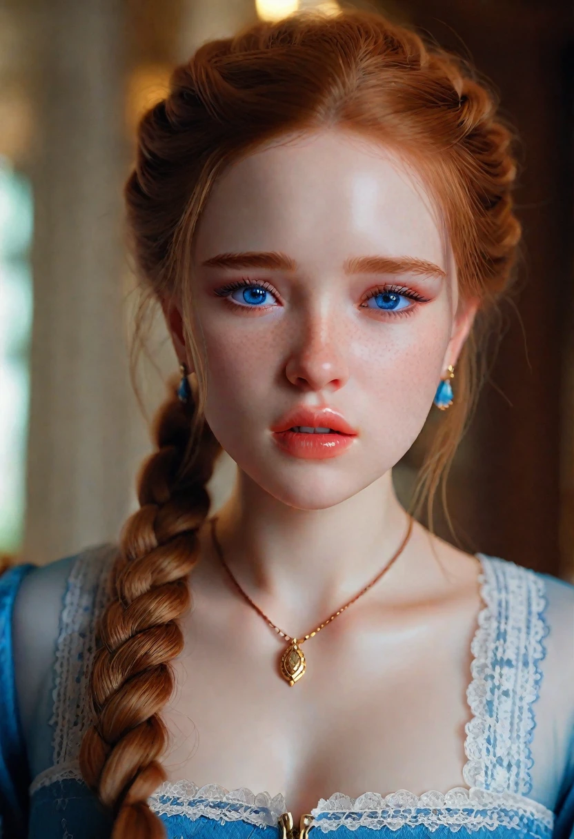 sadie sink, in la bete movie, by Walerian Borowczyk, erotic, 1girl, blue_eyes, blurry, blurry_background, braid, choker, depth_of_field, dress, earrings, eyelashes, freckles, hair_over_shoulder, jewelry, lips, long_hair, long_sleeves, looking_at_viewer, necklace, pendant, puffy_long_sleeves, puffy_sleeves, realistic, single_braid, solo, twin_braids, upper_body