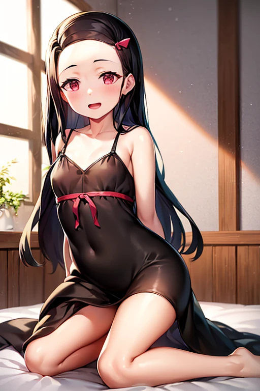 ((Best Quality)), ((masterpiece)), (be familiar with),  perfect face, indoor, bedroom,  watching viewers ,
One woman, Kamado Nezuko,
 characters with open mouth ,  ecstatic expression, blush, smile,
Small breasts,  flat chest, Young girl, Lori,  kids,  girl,
Long Hair,  long hair,
Leg spread,