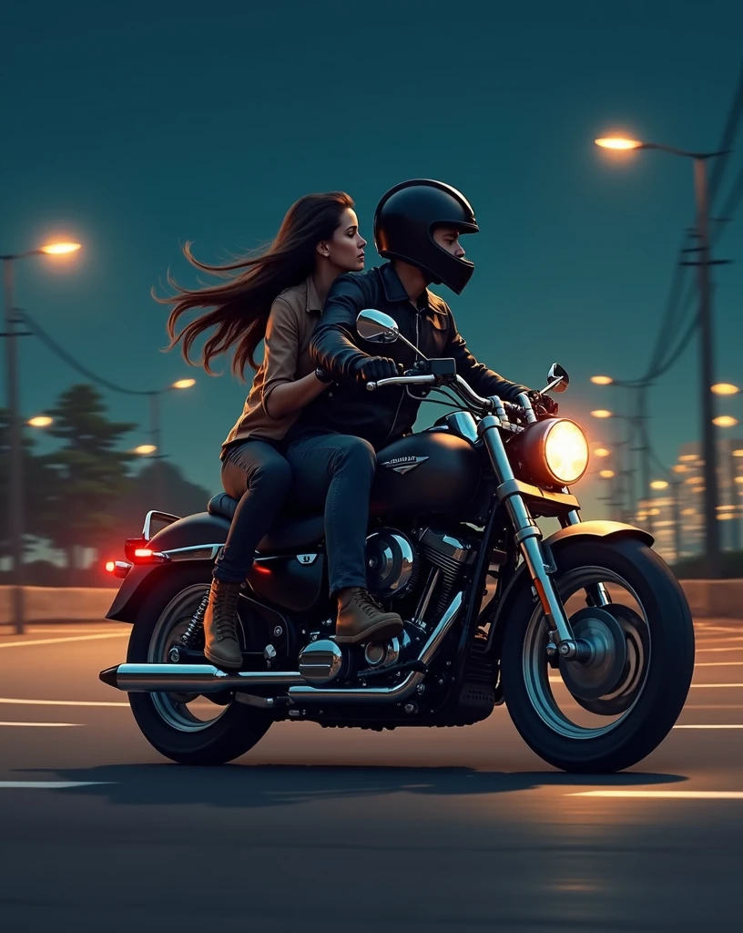 Boy with batman shirt and blue xadrex blouse tied around waist wearing black boot and black cap turned back and ripped pants kissing a Japanese girl with long hair and wearing black vest and black boot and black calaca next to a harley motorcycle written onna bugueisha