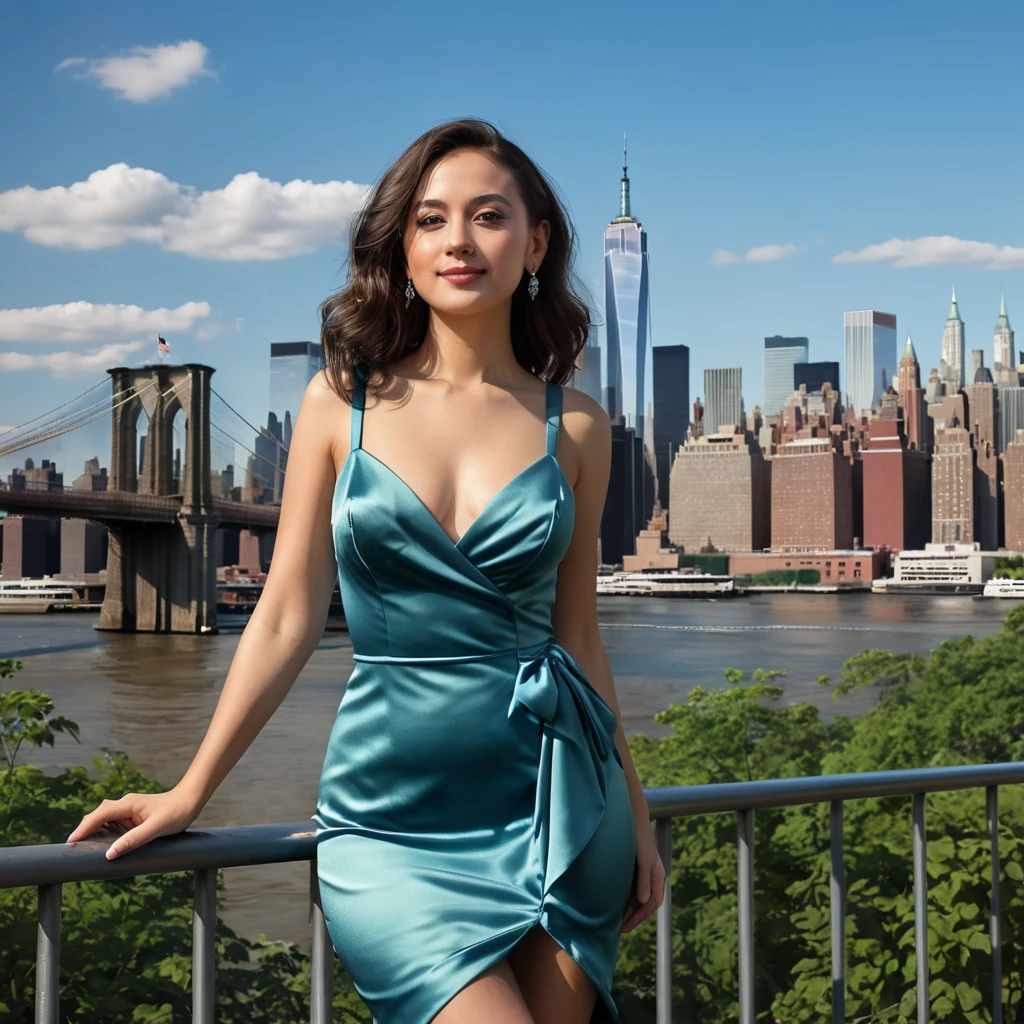 (photoreal, 4K)), ((Ultradetailed)), ((full body Portrait)), ((satin dress)), cute ((new york)) woman, scenery in background