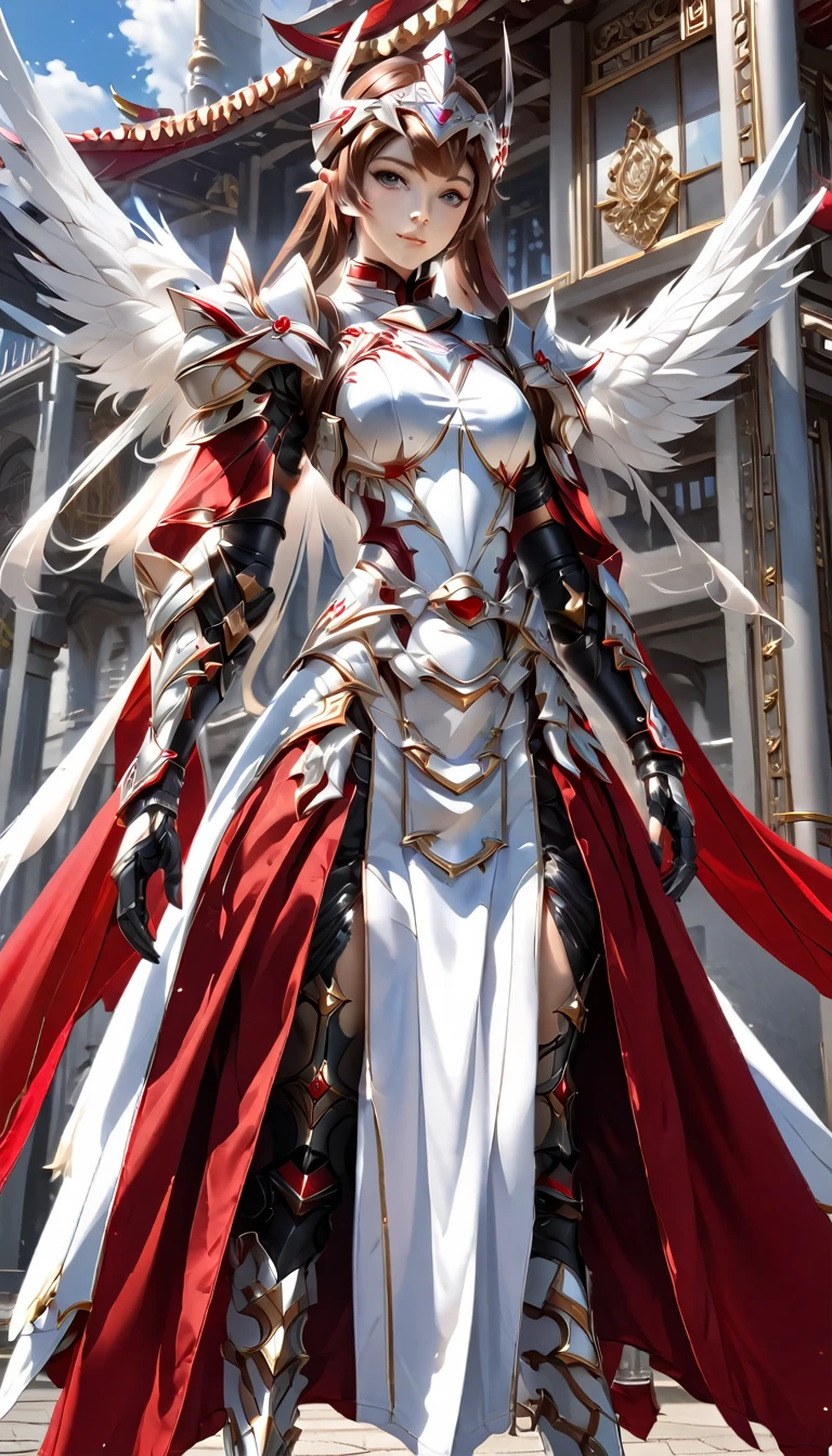 Best Quality、 Unity 8K Wallpaper、32K、masterpiece、 very detailed、 super high definition、 very detailedな顔,  RAW photos from the last century, professional, Fine painting,　Platinum tiara with red gemstones、(((Red Nun Cape)))、( 20～Female magical warrior, WHITE AND GOLD BREATPLATE  ,  Yuuki as costume ,  Brown Eyes , Brown Hair, Long Hair, bangs, braid  Yuuki as costume ,  blue eyes, Red and white leotard、(((With side armor and long slits、Red and white gold-embellished tight skirt)))、Puff sleeve with shoulder pad 、 large white ribbon with a large sapphire on her chest、White and red long gloves、White and red thigh-high stiletto boots、whole body、He has a spear with a glowing blue blade、There are 4 huge feathers on my back