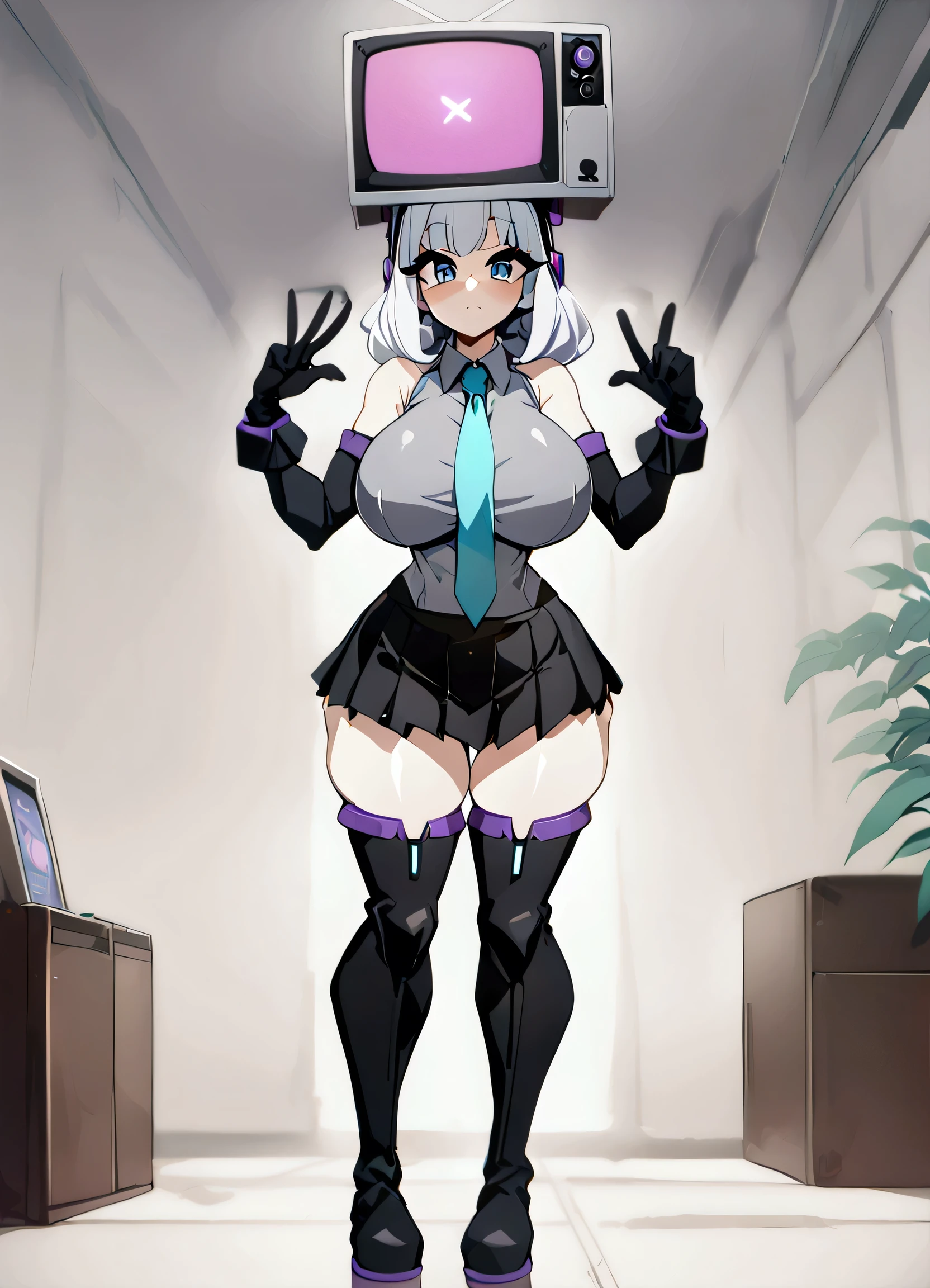 ((masterpiece, best quality)), (8k, best quality), (((best quality))), 1girl, full body, solo, white skin, humanoid Tv woman, TV head with a glowing purple screen, human body, hatsunemikucosplay, black gloves, robot girl, tvwoman, tv head, robot girl, tvwoman, tv head, score_9, score_8_up, score_7_up, score_6_up, score_5_up, score_4_up, ( anime_source ), TV head with a glowing purple screen, >w< expression, tight-fitting, athletic build, thick thighs, toned body, strong legs, defined hips, black and white jumpsuit with blue ballerinas, tight-fitting, TV head, sexy, dynamic pose, standing, curvy body, huge breasts, thick thighs, wide hips, good waist, single, big breasts, thick thighs, good waist, wide hips, good quality, sexy, robot girl, tvwoman, hatsunemikucosplay, aqua necktie, black footwear, black skirt, black sleeves, boots, collared shirt, detached sleeves, grey shirt, necktie, pleated skirt, sleeveless shirt, thigh boots, tie clip,