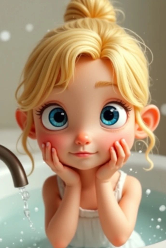 blonde girl on bath, crying, with messy background, sad, Disney movie poster, sad movie,