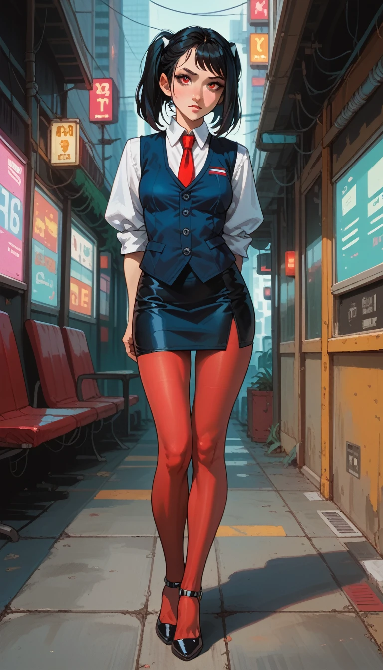 8k, arms behind back, full body, slim figure, flat bust, sparkling red eyes, Light blue eyelashes, high-heels, dark skirt, seductive, Charming, small tits, jill stingray, red necktie, pantyhose, skirt, vest, white shirt, high ponytails, 2 ponytails, black hair, cyberpunk styled bar, masterpiece, zal, AniPnyXLQual