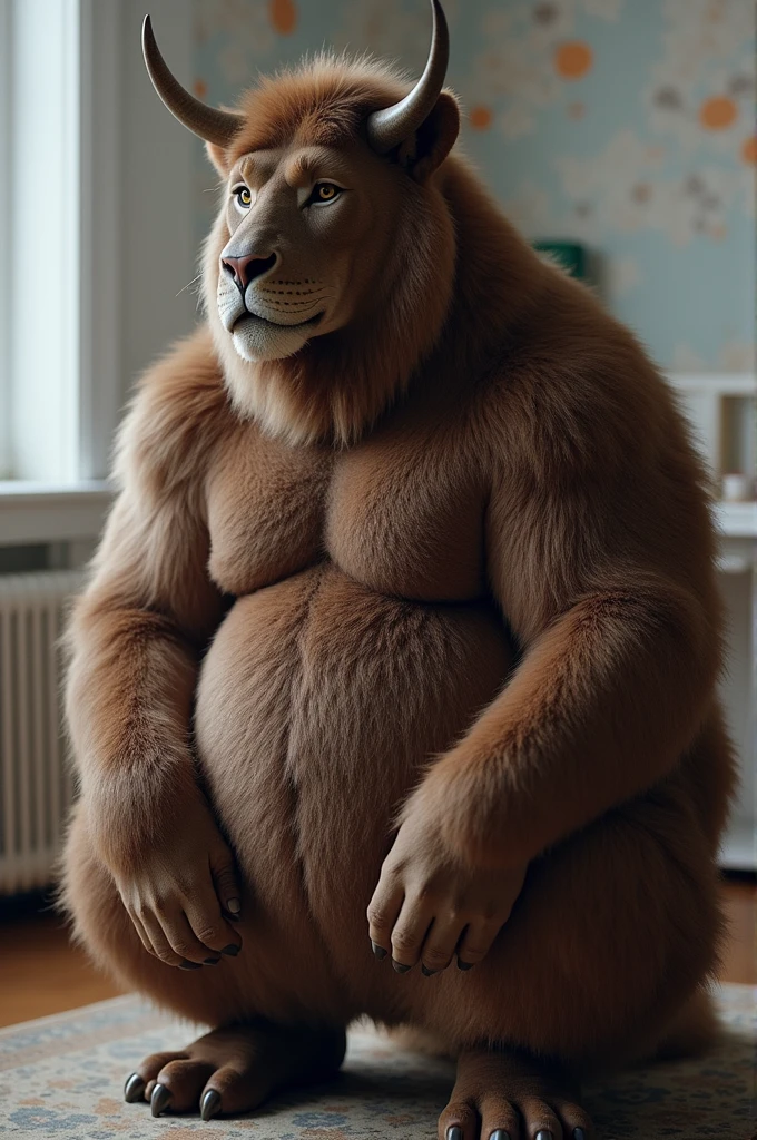 a very fat male lion with a long blonde mane, extremely detailed eyes, feral paws, long fur, very hairy, a big and extremely fat belly, very muscular arms, wearing a tight jockstrap, sitting on a comfortable seat, watching TV in a luxurious room with a double bed, just face portrait, face portrait realistic, we see the character only from the waist up to the head, just the waist up to the head,  (best quality,8k,highres,masterpiece:1.2),ultra-detailed,(realistic,photorealistic,photo-realistic:1.37),HDR,UHD,studio lighting,ultra-fine painting,sharp focus,physically-based rendering,extreme detail description,professional,vivid colors,bokeh,cinematic,extremely detailed eyes and face, correct anatomy, correct eyes, correct paws, 5 fingers correct 