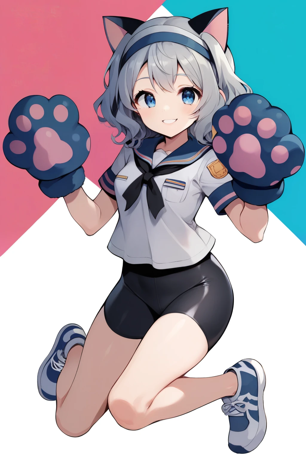  score_9,  score_8_up,  score_7_up,  score_6_up,  score_5_up, anime break，(8k,  RAW photos from the last century, Best Quality, masterpiece, High resolution down ,  flat color ,(1 VERY YOUNG GIRL ,Japanese,****,((  cute navy paw gloves:1.5)),  cat ear headband ,  raise your arms  ,  detail face ,break (Navy Hair,  short wavy hair in front of it ),Parallel Eyebrows  ,  dark blue eyes with big eyes  , short bang ,small nose, Fresh lips,smile,Small breasts,(5 feet tall)), so happy, break, Oversized paw t-shirt  ,tight bike shorts,  sneakers  ,pink, full body,  catwalk  , with a playful gesture ，