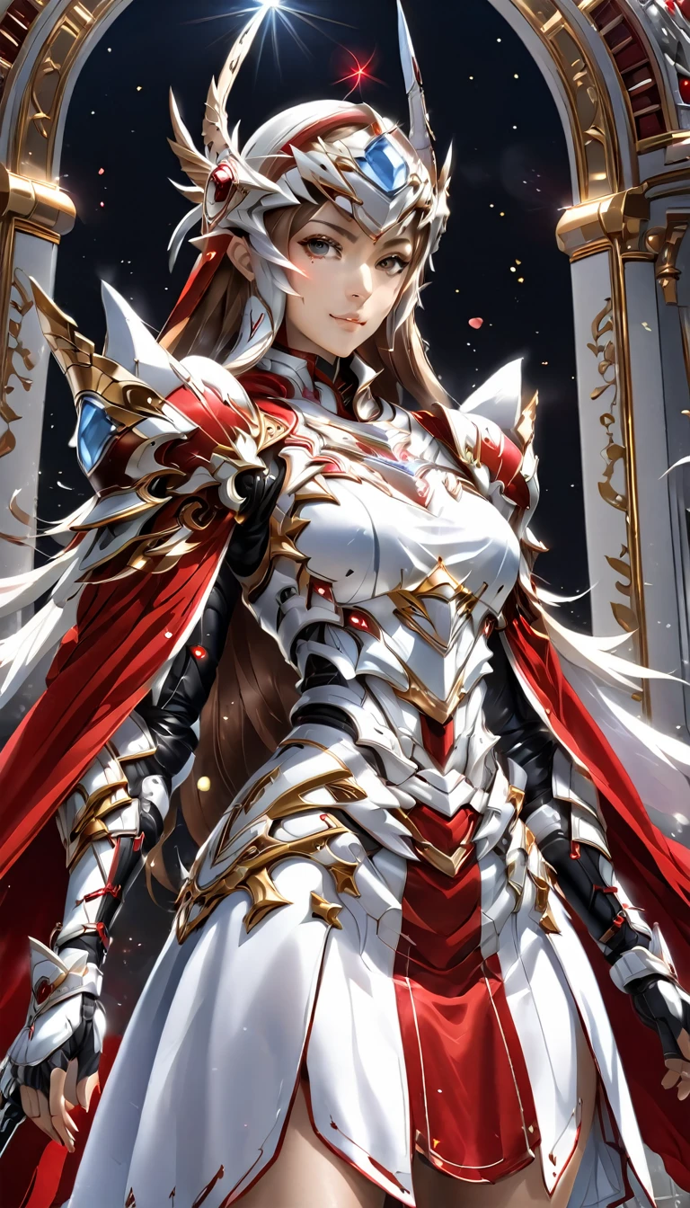 Best Quality、 Unity 8K Wallpaper、32K、masterpiece、 very detailed、 super high definition、 very detailedな顔,  RAW photos from the last century, professional, Fine painting,　Platinum tiara with red gemstones、(((Red Nun Cape)))、( 20～Female magical warrior, WHITE AND GOLD BREATPLATE  ,  Yuuki as costume ,  Brown Eyes , Brown Hair, Long Hair, bangs, braid  Yuuki as costume ,  blue eyes, Red and white leotard、(((With side armor and long slits、Red and white gold-embellished tight skirt)))、Puff sleeve with shoulder pad 、 large white ribbon with a large sapphire on her chest、White and red long gloves、White and red thigh-high stiletto boots、whole body、He has a spear with a glowing blue blade、There are 4 huge feathers on my back、 Sword Art Online 、Asuna、Long Spear、