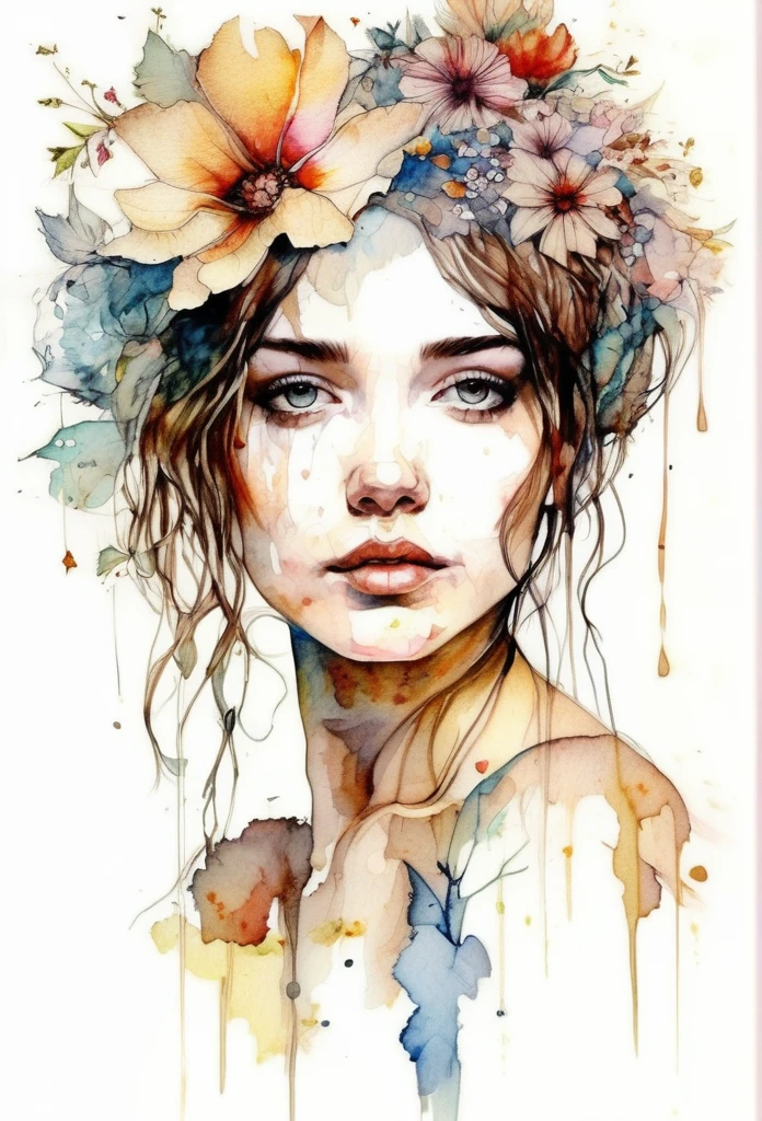 a beautiful girl with extremely detailed eyes, detailed face, flowers in her hair, watercolor rough sketch, dripping watercolor, ink contours, art by carne griffiths mixed with alfonse mucha, centered portrait, blank space surrounding drawing, focus on face lines, best quality, 32k resolution, photorealistic