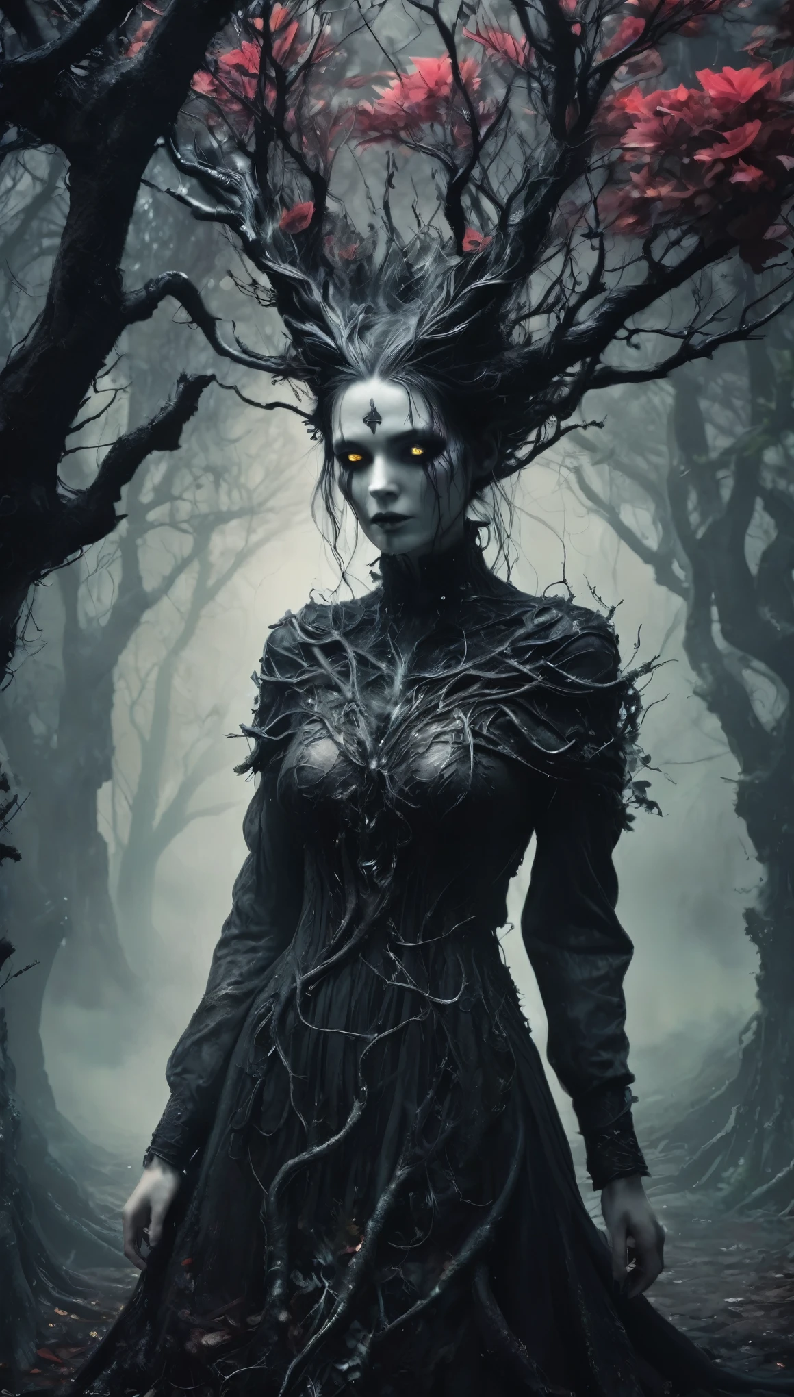 masterpiece, best quality, ultra high res, highly detailed, 8k (full portrait), nightmarish woman creature, illustrated in Ian Miller's style, twisted and gnarled limbs, eyes glowing with malevolence, surrounded by a chaotic and eerie landscape, a haunting presence that sends shivers down your spine, perfect lighting, perfect shading