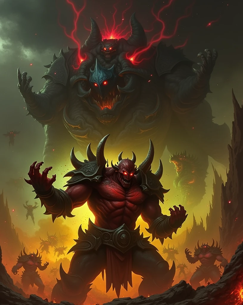 (Cthulhu trolls)，(Warcraft：1.1), dynamic angle，Giant body shape，Huge animals，afloat，The characters are located between huge canyons，Dill Sky，Huge Warcraft，over exposure，(hold fists：1.21)，face expressionless，hairs between eyes，palp，Terrifying gaze，molten lava，ln the forest，Lens flare，(tmasterpiece：1.21)，(top Quority：1.331)，(illustration：1.21)，(Fluffy hair：1.21)，(frilld：1.21)，