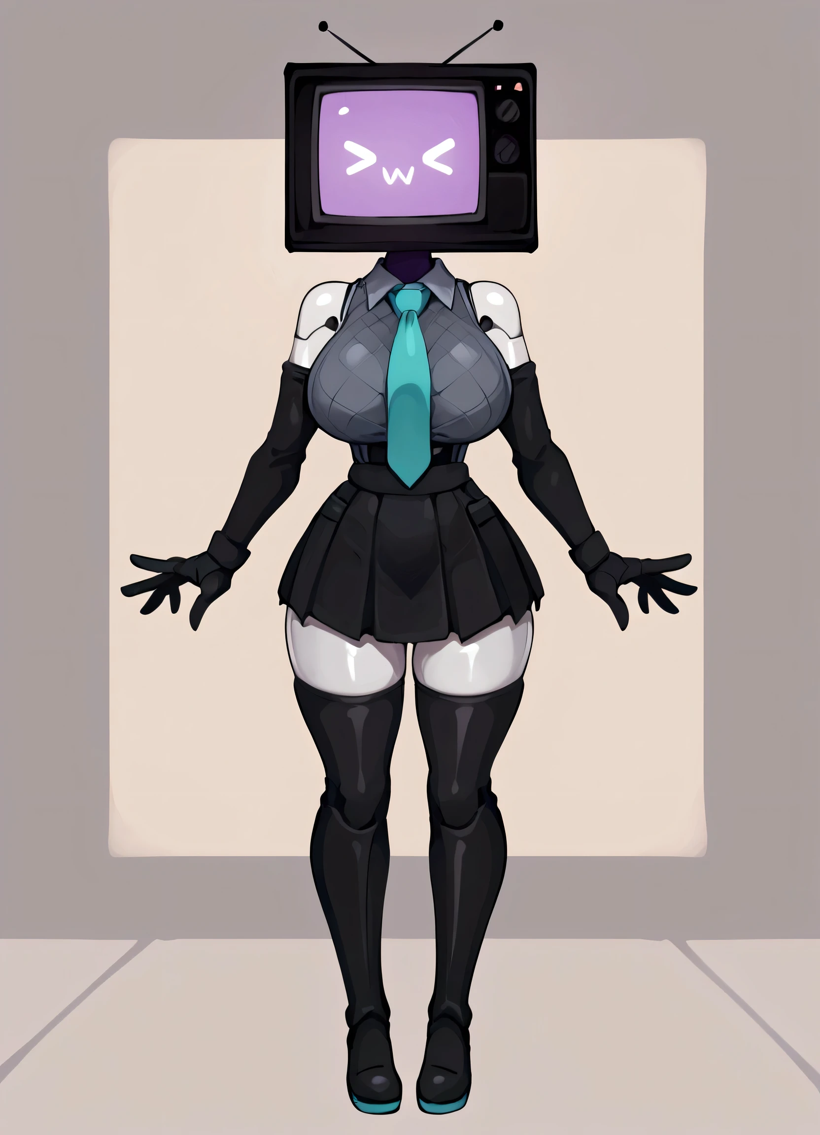 ((masterpiece, best quality)), (8k, best quality), (((best quality))), 1girl, full body, solo, white skin, humanoid Tv woman, TV head with a glowing purple screen, human body, hatsunemikucosplay, black gloves, robot girl, tvwoman, tv head, robot girl, tvwoman, tv head, score_9, score_8_up, score_7_up, score_6_up, score_5_up, score_4_up, ( anime_source ), TV head with a glowing purple screen, >w< expression, tight-fitting, athletic build, thick thighs, toned body, strong legs, defined hips, black and white jumpsuit with blue ballerinas, tight-fitting, TV head, sexy, dynamic pose, standing, curvy body, huge breasts, thick thighs, wide hips, good waist, single, big breasts, thick thighs, good waist, wide hips, good quality, sexy, robot girl, tvwoman, hatsunemikucosplay, aqua necktie, black footwear, black skirt, black sleeves, boots, collared shirt, detached sleeves, grey shirt, necktie, pleated skirt, sleeveless shirt, thigh boots, tie clip, 