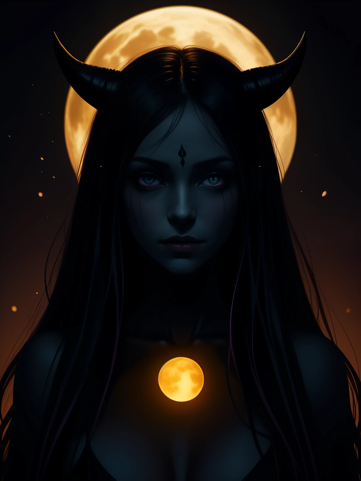 an image of a woman with horns and a full moon in the background with a, portrait of demon girl, demon girl, beautiful fantasy art portrait, demon anime girl, beautiful necromancer girl, epic fantasy art portrait, beautiful anime portrait, fire goddess, gorgeous digital art, charlie bowater art style, lava and fire goddess, anime fantasy artwork, beautiful girl necromancer, portrait of a female demon, appears as the fire goddess, demoness, beautiful digital artwork, beautiful fantasy portrait, beautiful anime art style, fantasy art portrait