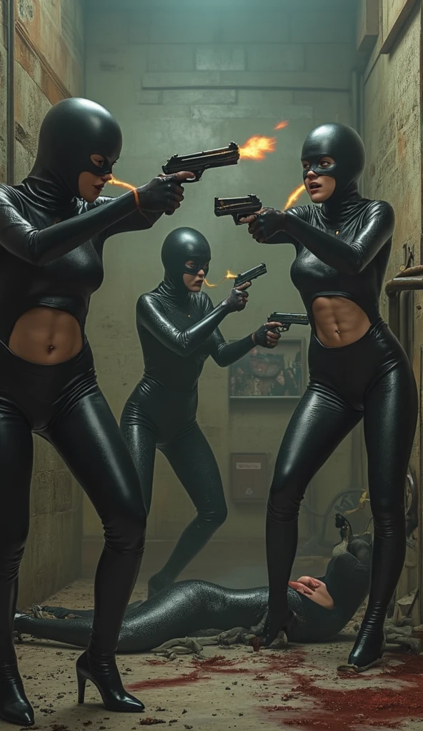 Four women in full rubber suits, carrying guns, shooting guns at each other to death, being shot in the stomach, bleeding breasts, painful postures, sleeping dead.