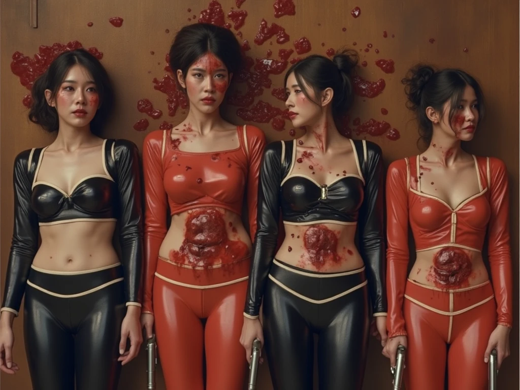 Four 12-year-old high school girls, open mouth vampires with fangs, long straight black hair,totally naked without clothes with red cape each,erect nipples,big breasts, thin waist, long and shapely legs,in a dark castle room,Red curtains,swords on wall,Spider webs,bed,torches lit on wall illuminating room ,ultra detailed, 8k quality