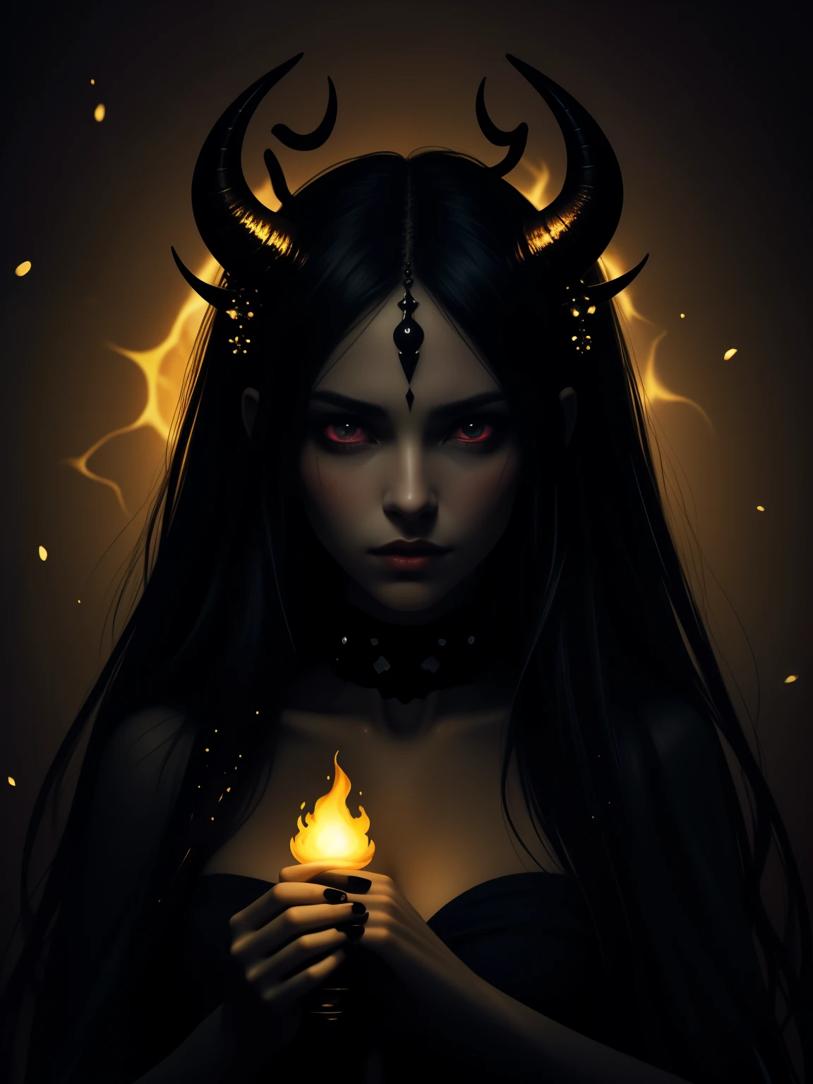 a woman with horns and a flower in her hair, demon girl, portrait of demon girl, dark fantasy style art, fantasy art style, fantasy dark art, demon anime girl, beautiful succubus, tiefling, cute face. dark fantasy, dark art style, neoartcore and charlie bowater, dark fantasy art, in style of dark fantasy art, an image of a woman with horns and a full moon in the background with a, portrait of demon girl, demon girl, beautiful fantasy art portrait, demon anime girl, beautiful necromancer girl, epic fantasy art portrait, beautiful anime portrait, fire goddess, gorgeous digital art, charlie bowater art style, lava and fire goddess, anime fantasy artwork, beautiful girl necromancer, portrait of a female demon, appears as the fire goddess, demoness, beautiful digital artwork, beautiful fantasy portrait, beautiful anime art style, fantasy art portrait, A mystical portrait of a young woman with dark hair adorned with a white flower and two curved horns. She has striking features, including freckled skin and piercing eyes that convey an intense emotion. A golden ornament rests on her forehead, and she wears a dark, high-collared garment. Behind her, a large glowing moon casts an ethereal light, while fiery motifs and subtle sparkles enhance the dramatic atmosphere. The overall color scheme combines dark tones with hints of red and gold.