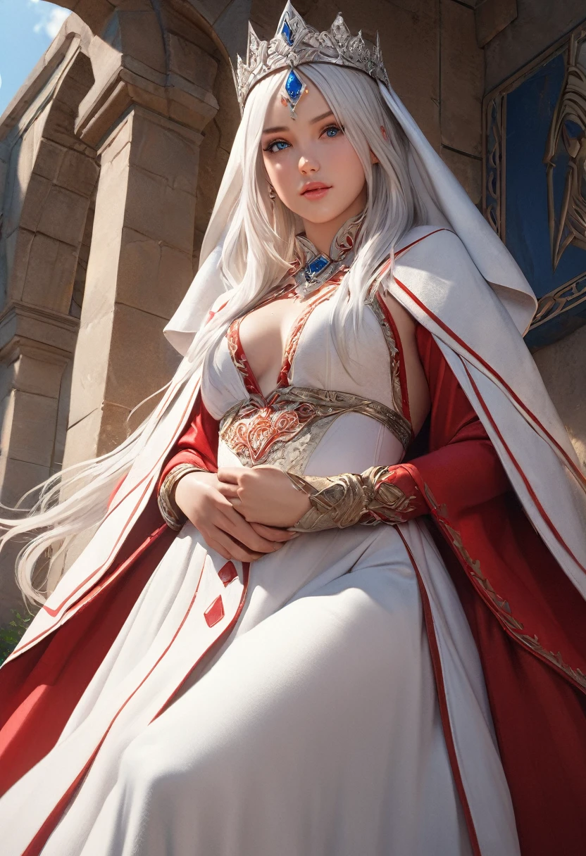 (best quality,4k,8k,highres,masterpiece:1.2), ultra-detailed, (realistic,photorealistic,photo-realistic:1.37),((Highly detailed CG Unity 8k wallpaper)), masterpiece, Super detailed, floating, High resolution, Sexually suggestive, (small, Extremely long white hair, Princess, White Mage, blue eyes, (It has long, wide sleeves and intricate embroidery. A gorgeous layered long dress in white and red with a sheer look), Bridal Veil, Circlet, Bridal Gauntlet, Blushing, shy, arched back, Frilled petticoat, Glamorous corset,