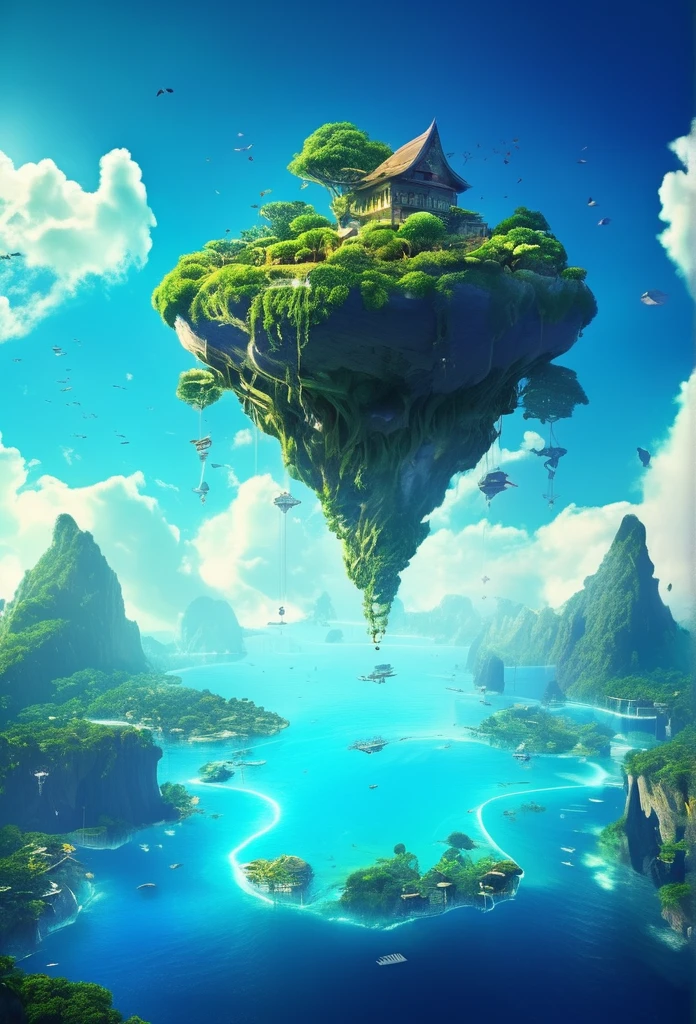 Sinister futuristic floating island suspended in the air, cities, fantasy, (villain hideout), (kawaii), cute, cute, anime style, technological, dark, funny, magical plant growth, extreme details, realistic light, blue sky, epic composition, (complex details), (complex design, ultra-details: 1.2), Art Station, (masterpiece, best quality), Ultra HD, 32k --v 6