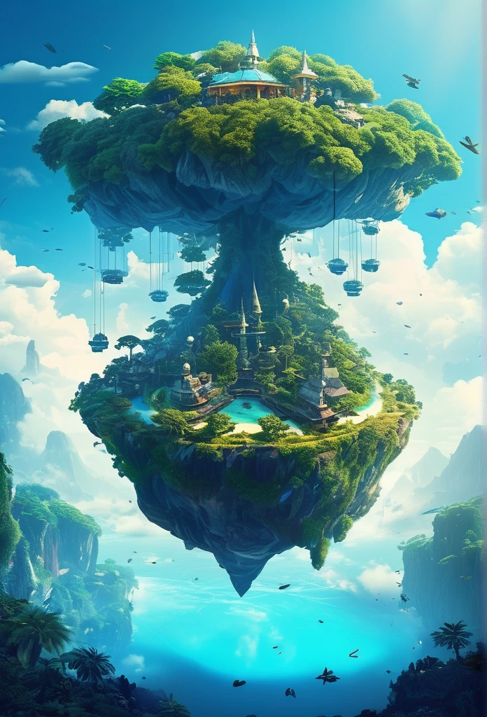 Sinister futuristic floating island suspended in the air, cities, fantasy, (villain hideout), (kawaii), cute, cute, anime style, technological, dark, funny, magical plant growth, extreme details, realistic light, blue sky, epic composition, (complex details), (complex design, ultra-details: 1.2), Art Station, (masterpiece, best quality), Ultra HD, 32k --v 6