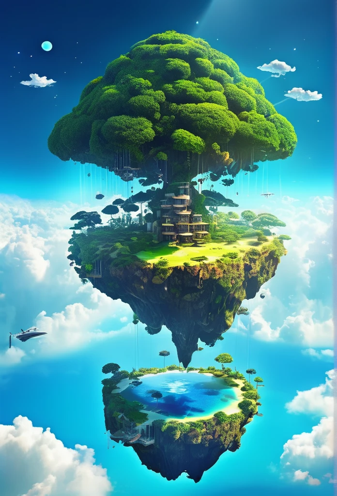 Sinister futuristic floating island suspended in the air, cities, fantasy, (villain hideout), (kawaii), cute, cute, anime style, technological, dark, funny, magical plant growth, extreme details, realistic light, blue sky, epic composition, (complex details), (complex design, ultra-details: 1.2), Art Station, (masterpiece, best quality), Ultra HD, 32k --v 6