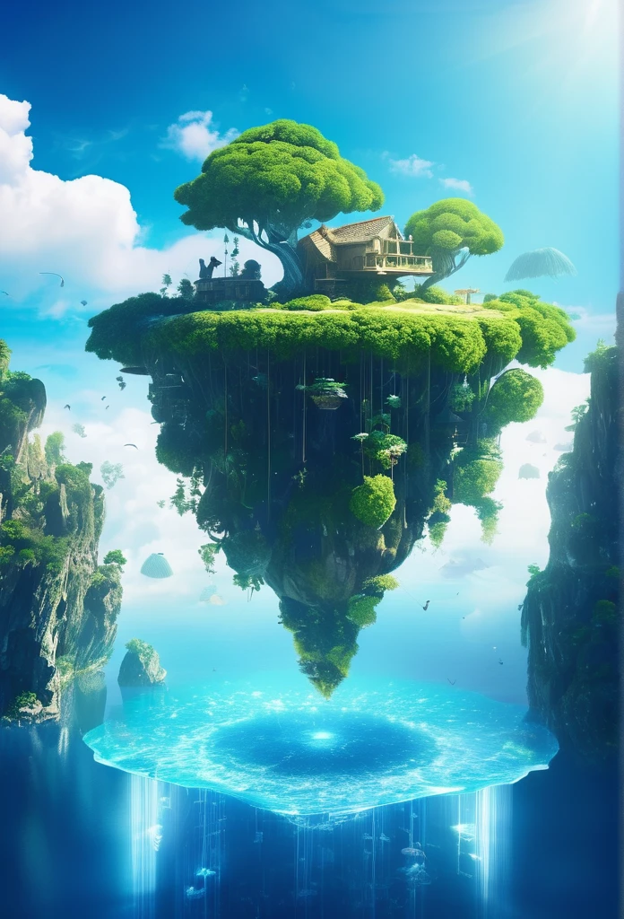 Sinister futuristic floating island suspended in the air, cities, fantasy, (villain hideout), (kawaii), cute, cute, anime style, technological, dark, funny, magical plant growth, extreme details, realistic light, blue sky, epic composition, (complex details), (complex design, ultra-details: 1.2), Art Station, (masterpiece, best quality), Ultra HD, 32k --v 6