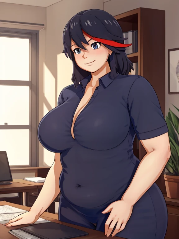 high quality, best quality, beautiful, perfect lighting, detailed face, ((1girl)), ((solo)), Imagine Ryuko Matoi as an adult secretary, 45yo, MILF, plus sized milf, mature face, fat face, chubby cheeks, slight wrinkles around the face, ((medium breasts)), chubby, love handles, muffin-top, round belly BREAK (Wearing: Navy blue dress top, crimson undershirt, navy blue office skirt) BREAK smile, ((blush)), looking at viewer BREAK Background: Indoors, living room
